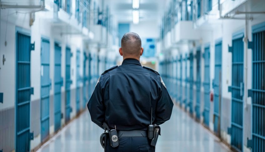 Person in a police uniform standing in a prison corridor with cells.