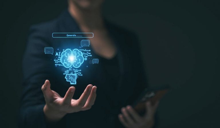 Person holding a hologram of a brain with icons.